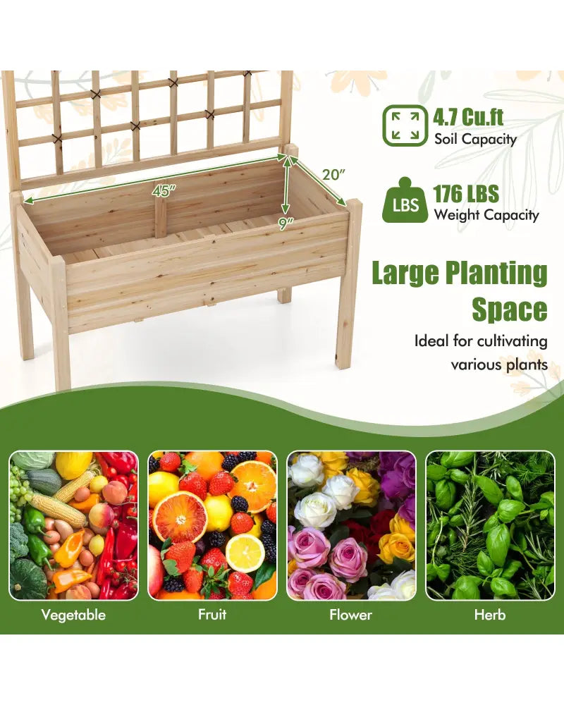 Raised Garden Bed with Lattice Trellis and Drainage Holes Elevated-Natural - Natural - Raised Garden Beds