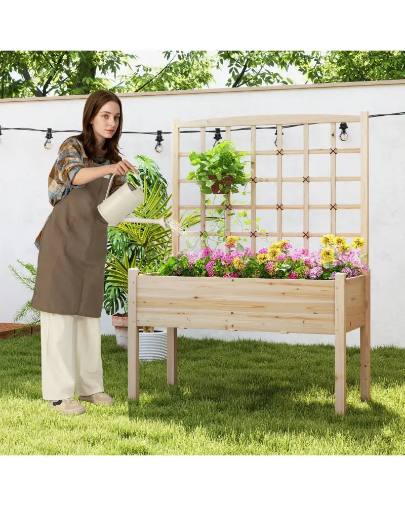 Raised Garden Bed with Lattice Trellis and Drainage Holes Elevated-Natural - Natural - Raised Garden Beds