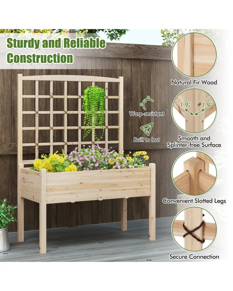 Raised Garden Bed with Lattice Trellis and Drainage Holes Elevated-Natural - Natural - Raised Garden Beds