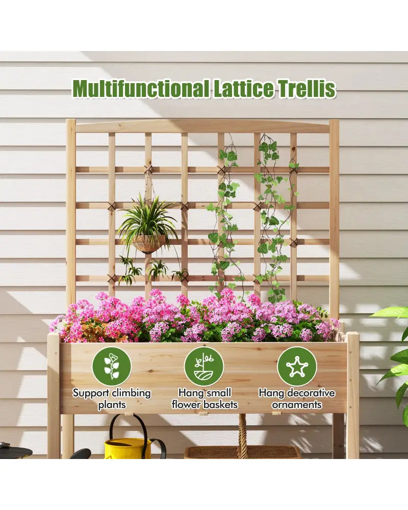 Raised Garden Bed with Lattice Trellis and Drainage Holes Elevated-Natural - Natural - Raised Garden Beds