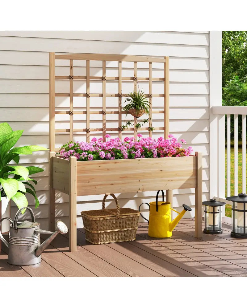 Raised Garden Bed with Lattice Trellis and Drainage Holes Elevated-Natural - Natural - Raised Garden Beds