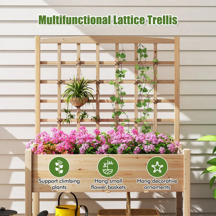 Raised Garden Bed with Lattice Trellis and Drainage Holes Elevated-Natural - Natural - Raised Garden Beds
