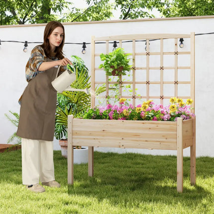 Raised Garden Bed with Lattice Trellis and Drainage Holes Elevated-Natural - Natural - Raised Garden Beds
