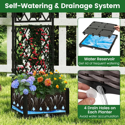Raised Garden Bed with Lattice Trellis Drainage Self-Watering Elevated Vertical Planter Boxes-Black - Black - Raised