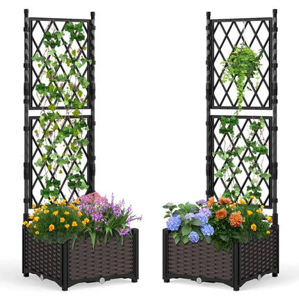 Raised Garden Bed with Lattice Trellis Drainage Self-Watering Elevated Vertical Planter Boxes-Black - Black - Raised