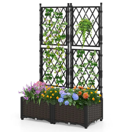 Raised Garden Bed with Lattice Trellis Drainage Self-Watering Elevated Vertical Planter Boxes-Black - Black - Raised