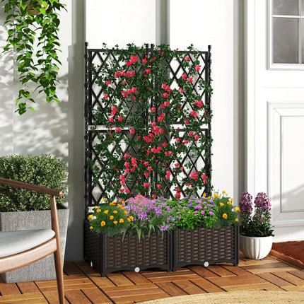 Raised Garden Bed with Lattice Trellis Drainage Self-Watering Elevated Vertical Planter Boxes-Black - Black - Raised