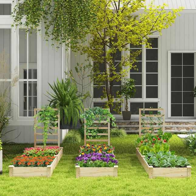Raised Garden Bed with Planter Box and Trellis-Natural - Natural - Raised Garden Beds
