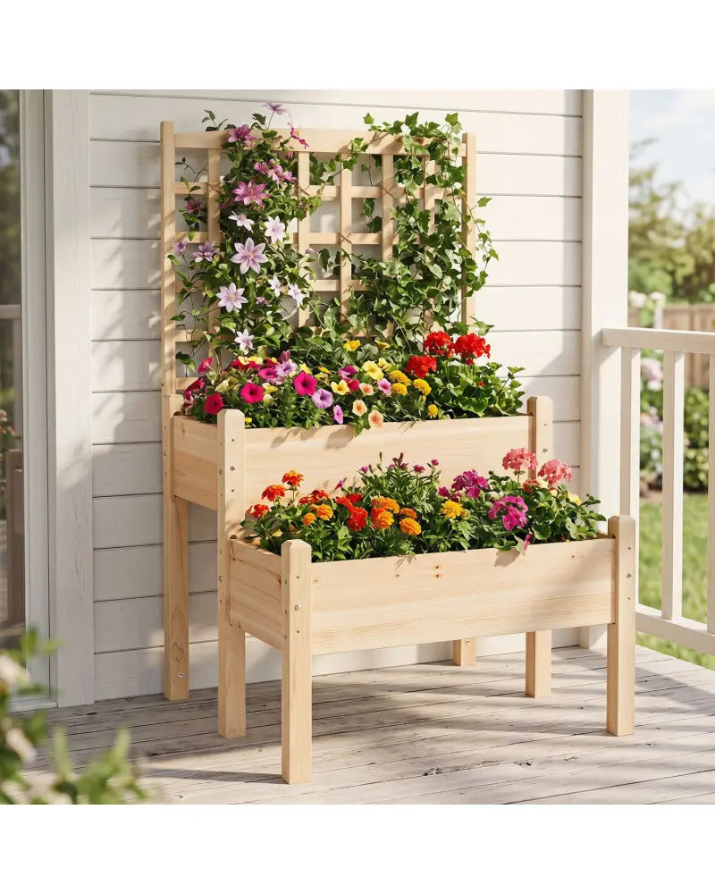 Raised Garden Bed with Trellis 2-Tier for Outdoor Climbing Plants-Natural - Natural - Raised Garden Beds