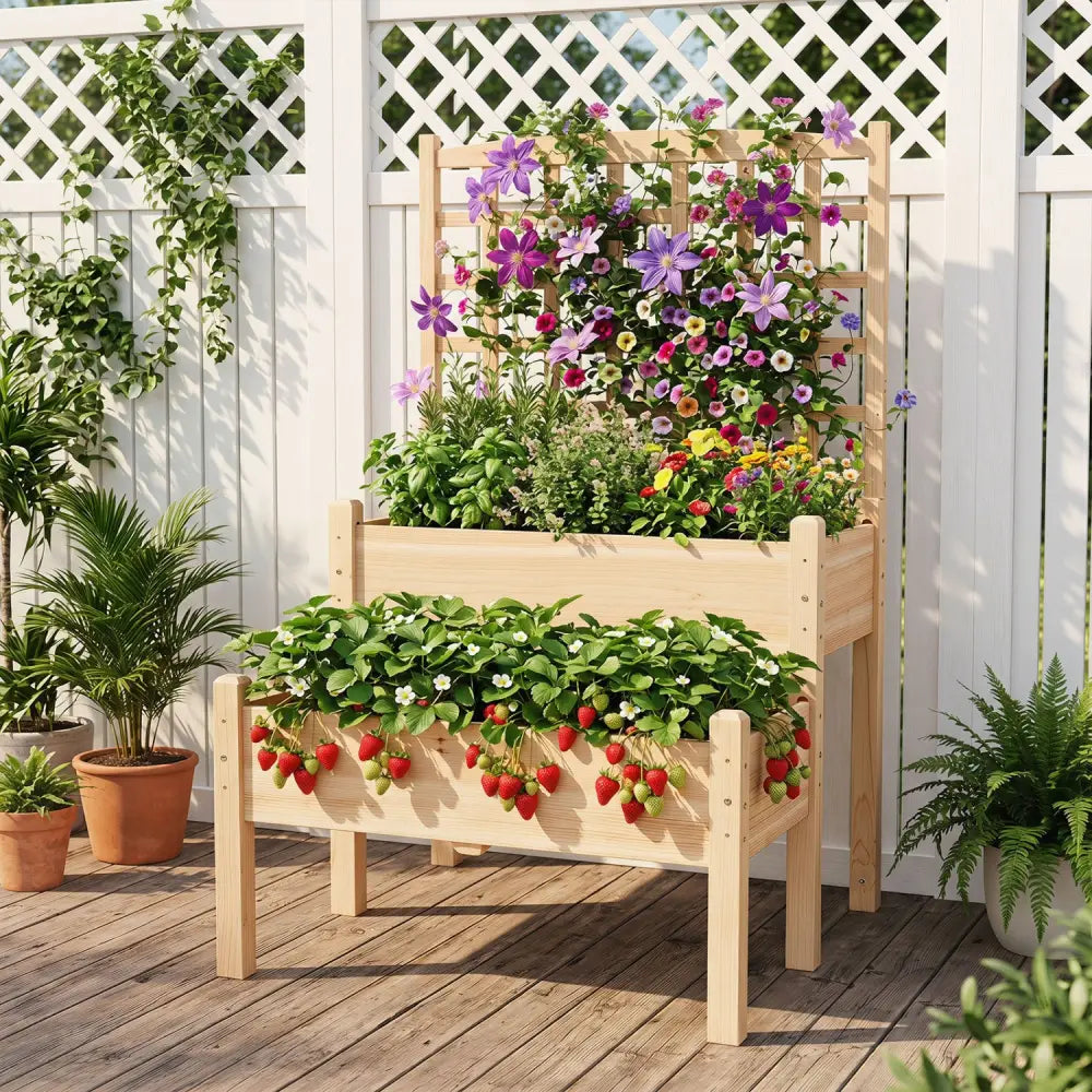 Raised Garden Bed with Trellis 2-Tier for Outdoor Climbing Plants-Natural - Natural - Raised Garden Beds