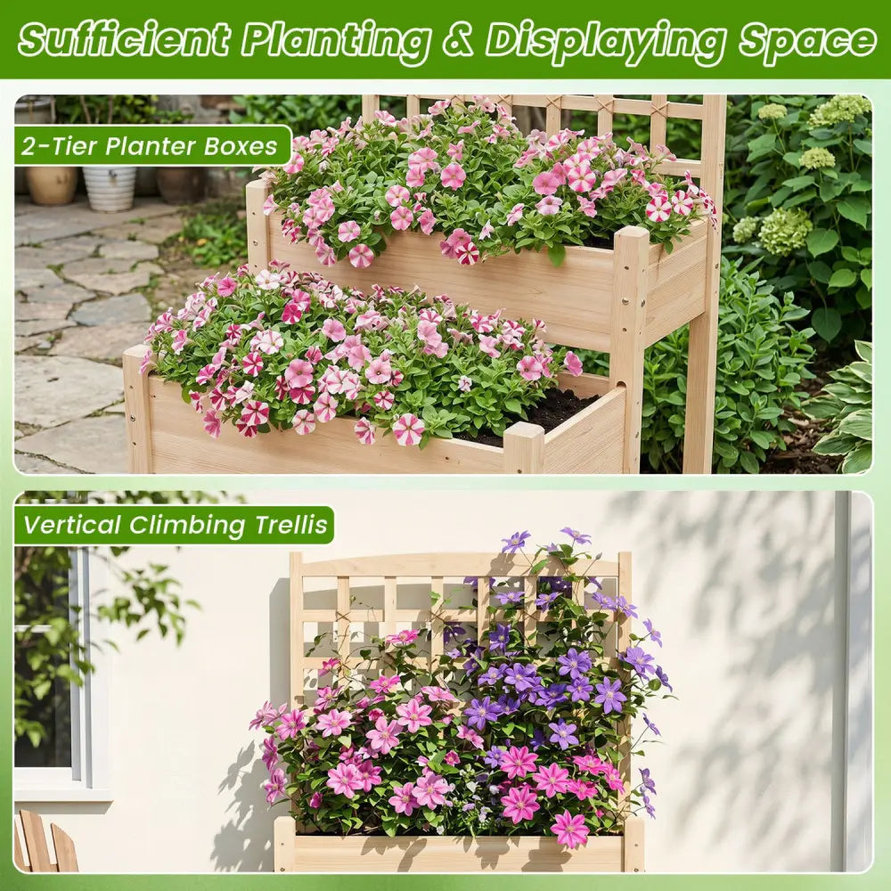 Raised Garden Bed with Trellis 2-Tier for Outdoor Climbing Plants-Natural - Natural - Raised Garden Beds