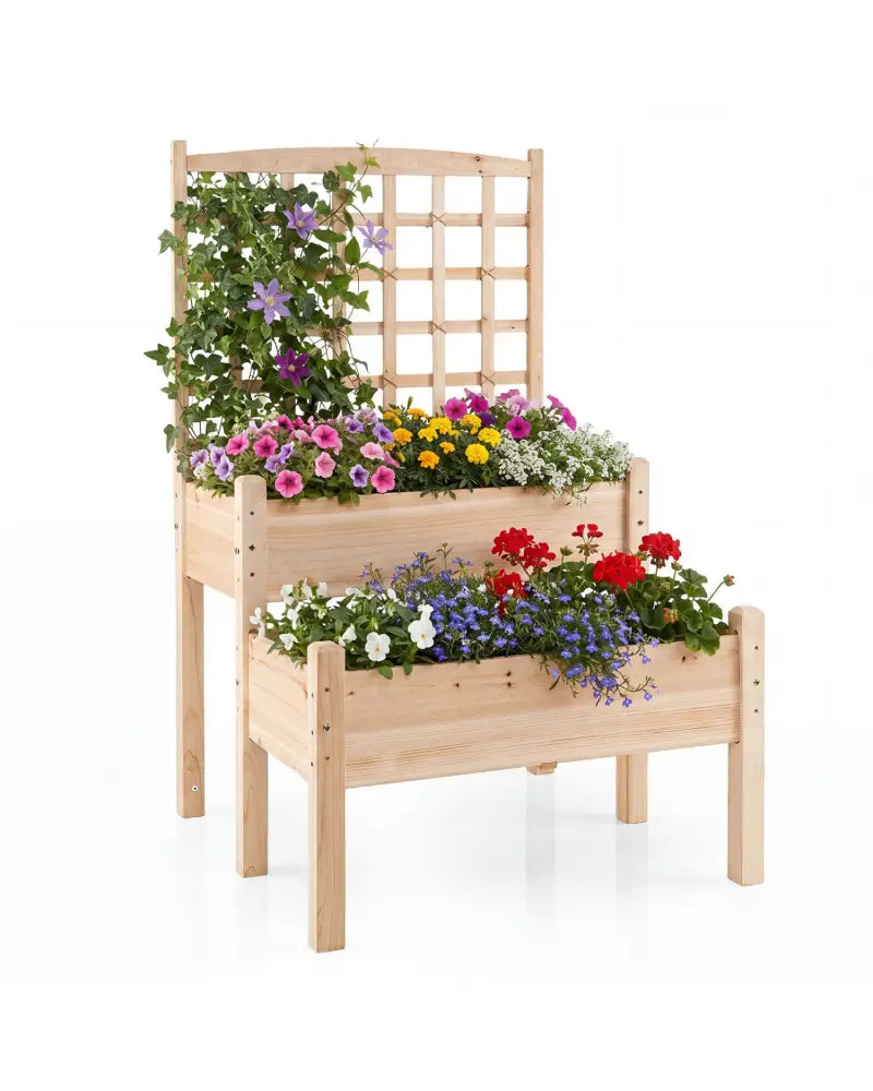 Raised Garden Bed with Trellis 2-Tier for Outdoor Climbing Plants-Natural - Natural - Raised Garden Beds