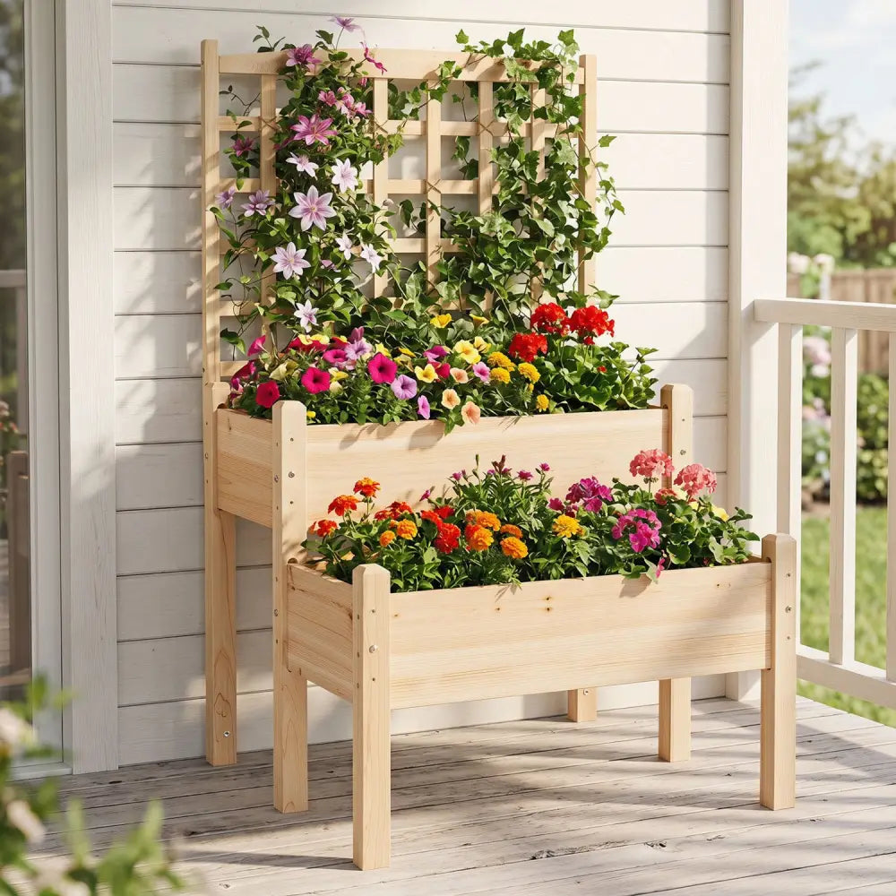 Raised Garden Bed with Trellis 2-Tier for Outdoor Climbing Plants-Natural - Natural - Raised Garden Beds