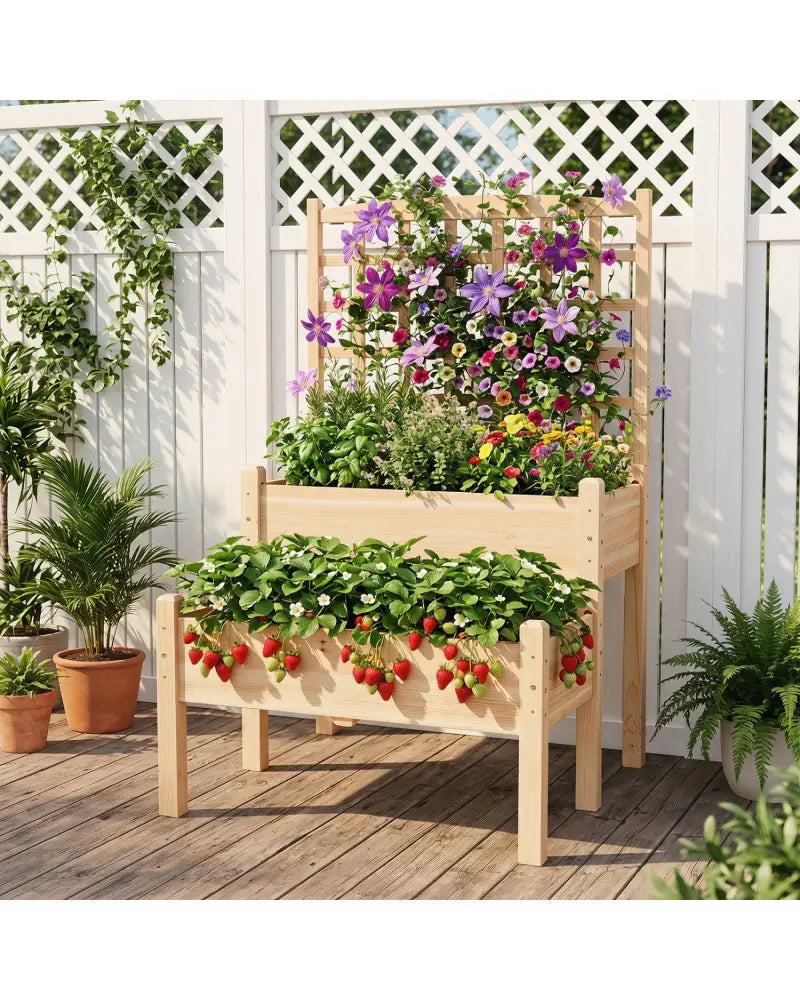 Raised Garden Bed with Trellis 2-Tier for Outdoor Climbing Plants-Natural - Natural - Raised Garden Beds