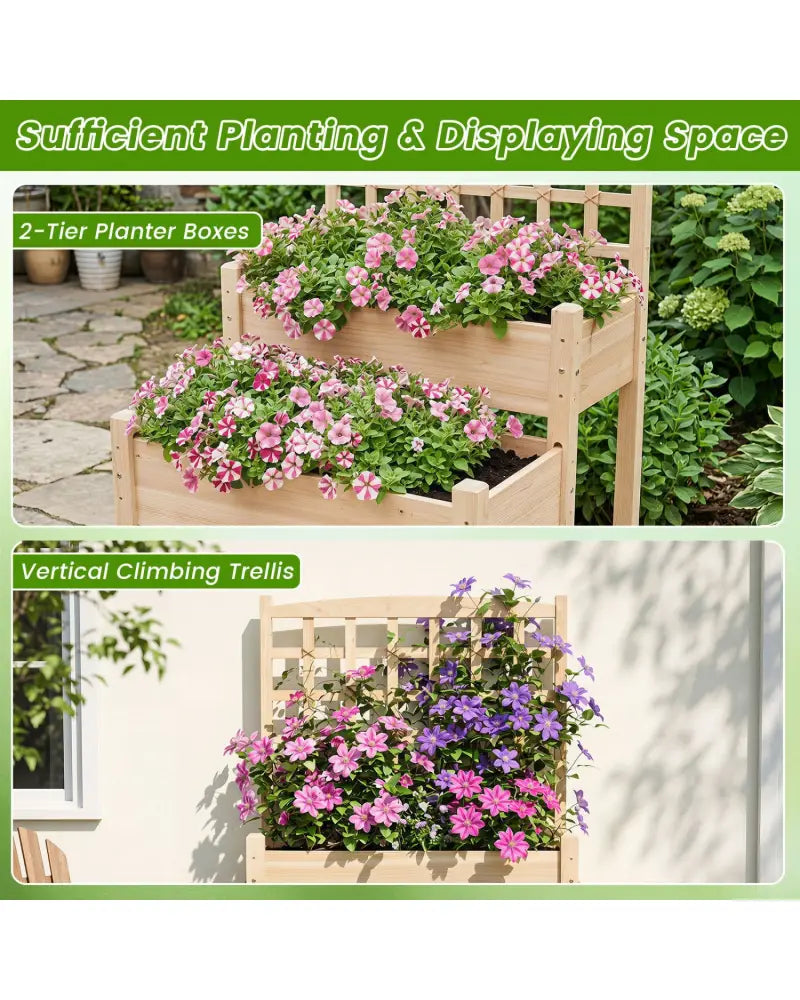 Raised Garden Bed with Trellis 2-Tier for Outdoor Climbing Plants-Natural - Natural - Raised Garden Beds