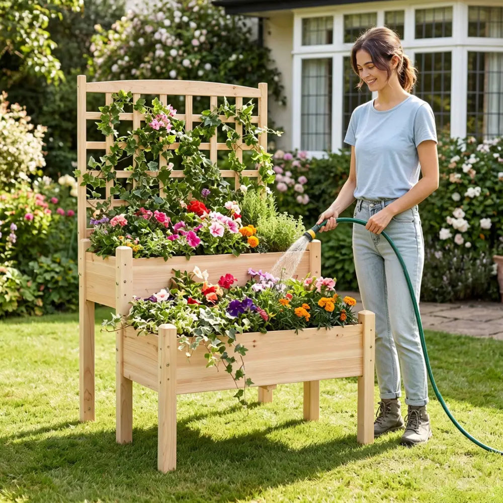 Raised Garden Bed with Trellis 2-Tier for Outdoor Climbing Plants-Natural - Natural - Raised Garden Beds