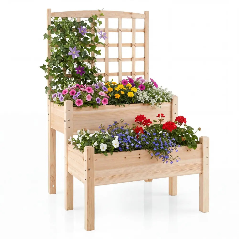 Raised Garden Bed with Trellis 2-Tier for Outdoor Climbing Plants-Natural - Natural - Raised Garden Beds
