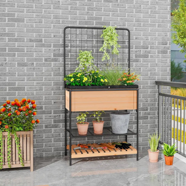 Raised Garden Bed with Trellis 2-tier Storage Shelves-Natural - Natural - Raised Garden Beds