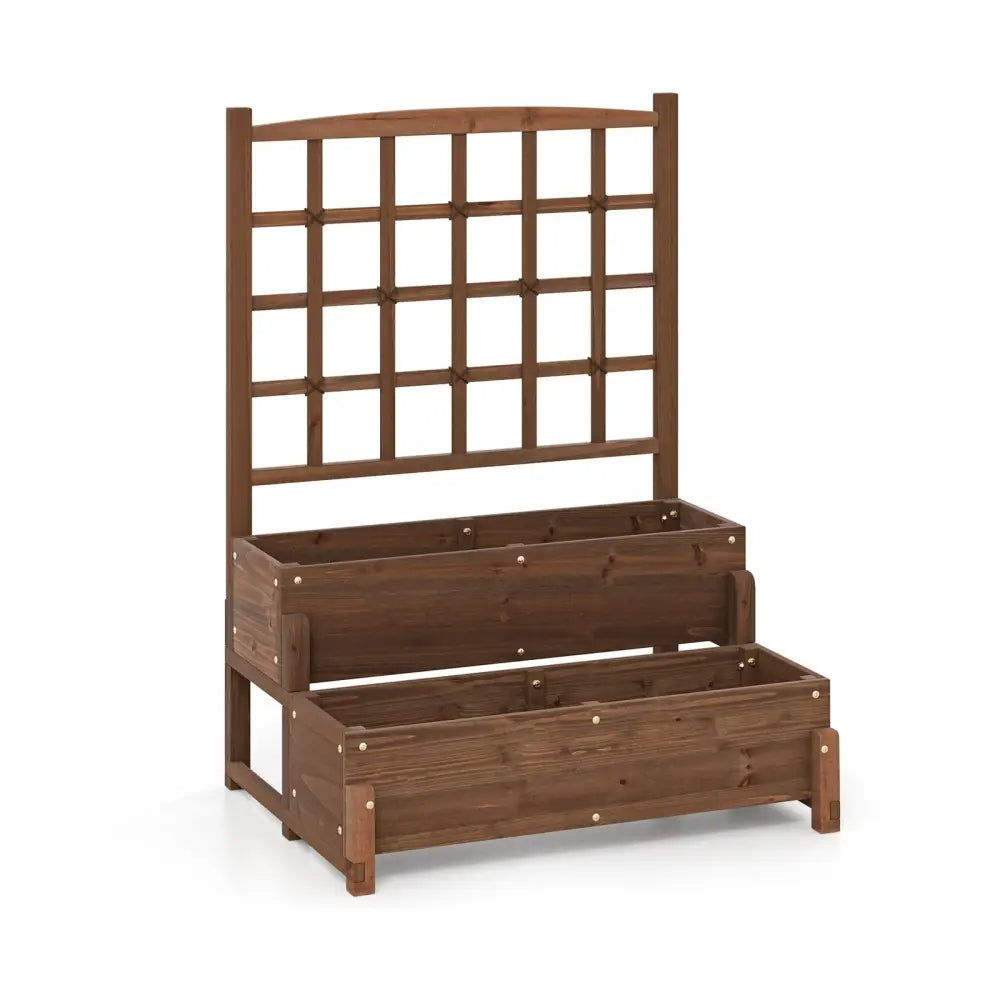 Raised Garden Bed with Trellis 2-tier Wood Planter Box with Drainage Holes-Rustic Brown - Rustic Brown - Raised Garden