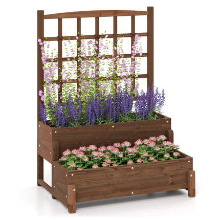 Raised Garden Bed with Trellis 2-tier Wood Planter Box with Drainage Holes-Rustic Brown - Rustic Brown - Raised Garden