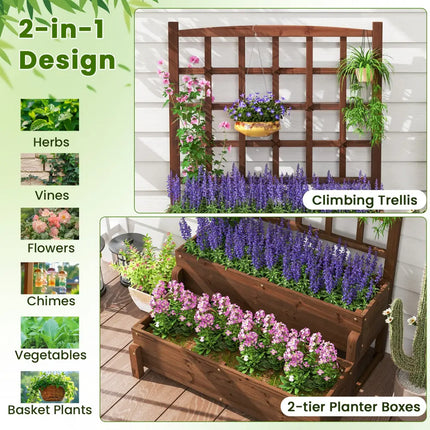 Raised Garden Bed with Trellis 2-tier Wood Planter Box with Drainage Holes-Rustic Brown - Rustic Brown - Raised Garden