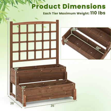 Raised Garden Bed with Trellis 2-tier Wood Planter Box with Drainage Holes-Rustic Brown - Rustic Brown - Raised Garden