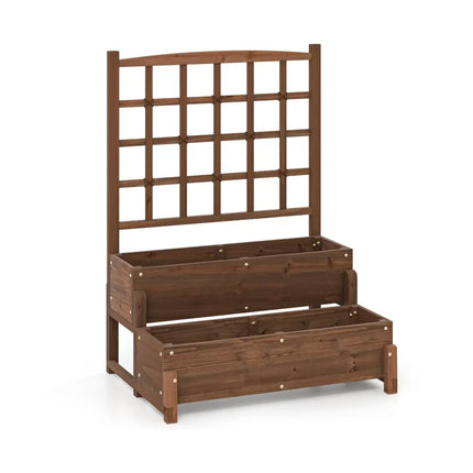 Raised Garden Bed with Trellis 2-tier Wood Planter Box with Drainage Holes-Rustic Brown - Rustic Brown - Raised Garden