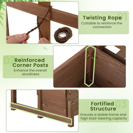Raised Garden Bed with Trellis 2-tier Wood Planter Box with Drainage Holes-Rustic Brown - Rustic Brown - Raised Garden