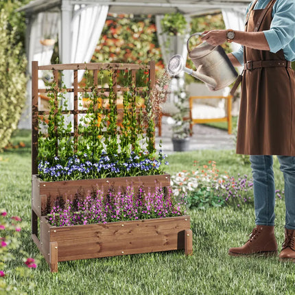 Raised Garden Bed with Trellis 2-tier Wood Planter Box with Drainage Holes-Rustic Brown - Rustic Brown - Raised Garden