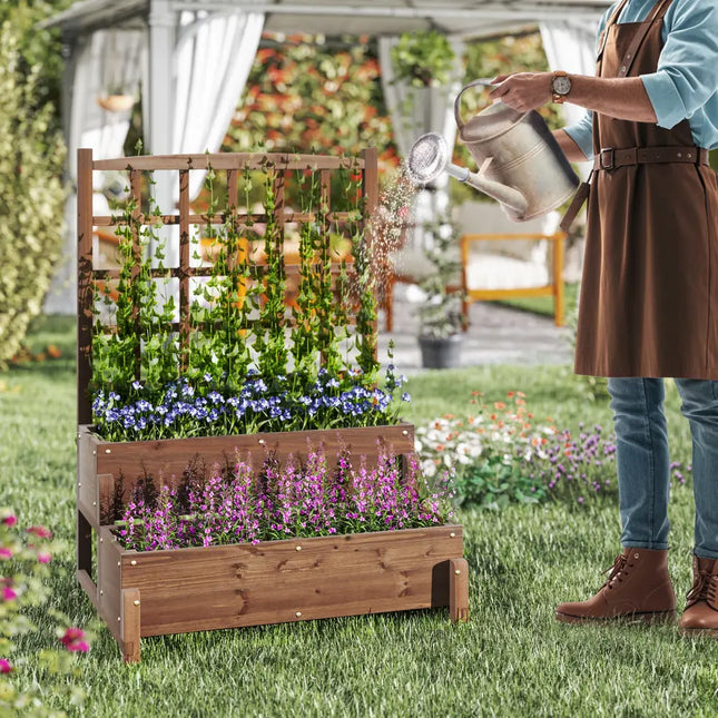 Raised Garden Bed with Trellis 2-tier Wood Planter Box with Drainage Holes-Rustic Brown - Rustic Brown - Raised Garden