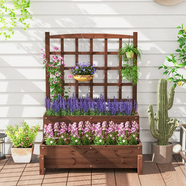 Raised Garden Bed with Trellis 2-tier Wood Planter Box with Drainage Holes-Rustic Brown - Rustic Brown - Raised Garden