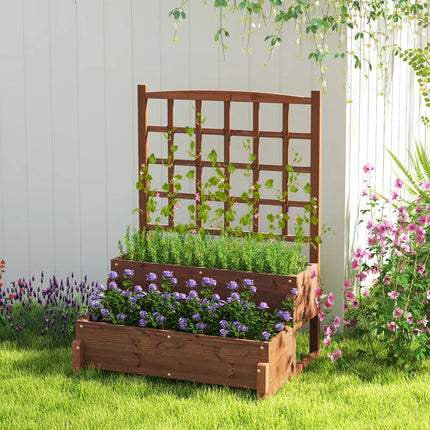 Raised Garden Bed with Trellis 2-tier Wood Planter Box with Drainage Holes-Rustic Brown - Rustic Brown - Raised Garden