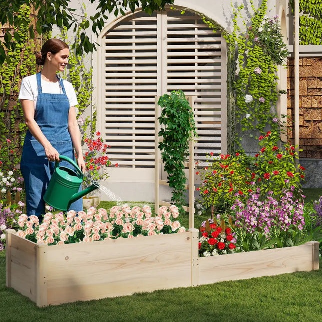 Raised Garden Bed with Trellis 87 Inch Wooden Elevated Planter with 2 Planter Boxes-Natural - Natural - Raised Garden