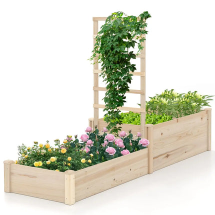 Raised Garden Bed with Trellis 87 Inch Wooden Elevated Planter with 2 Planter Boxes-Natural - Natural - Raised Garden