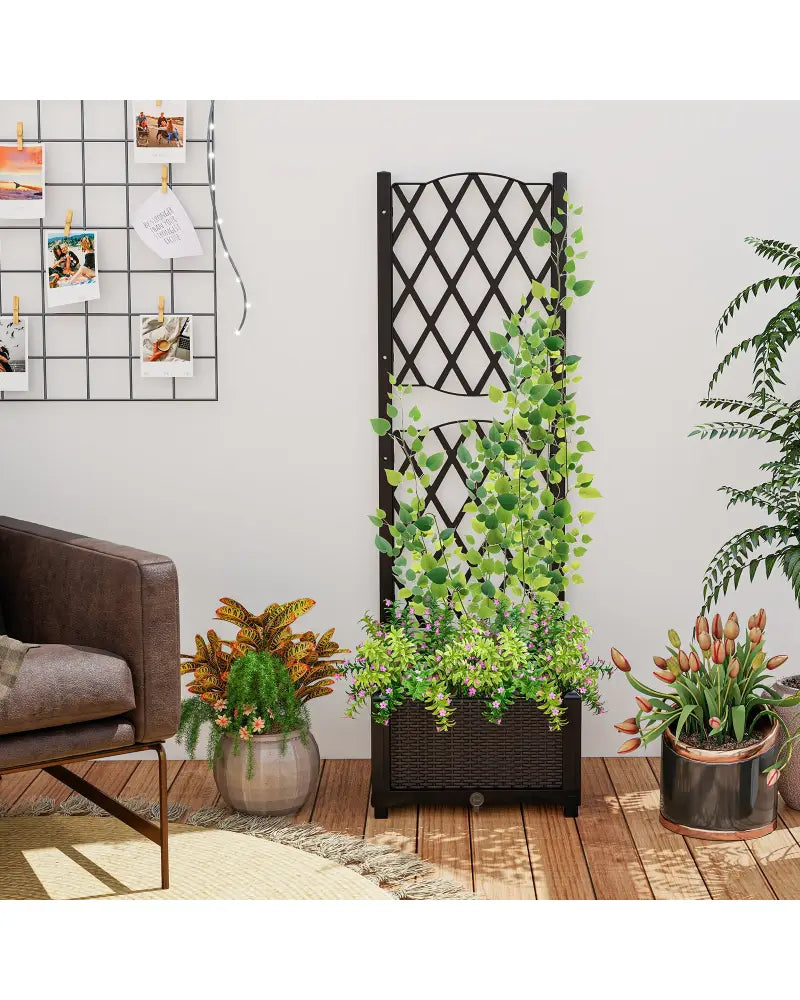 Raised Garden Bed with Trellis Planter Box for Climbing Plants-Coffee - Brown - Raised Garden Beds