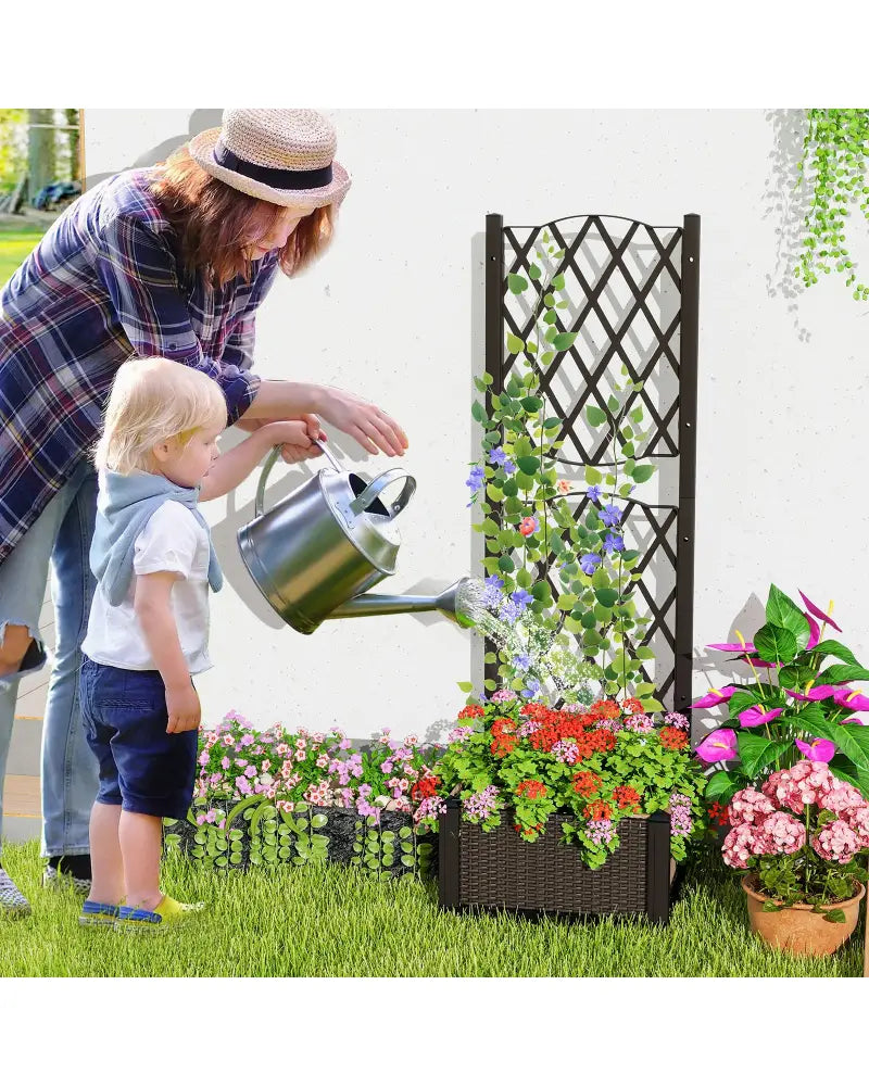 Raised Garden Bed with Trellis Planter Box for Climbing Plants-Coffee - Brown - Raised Garden Beds