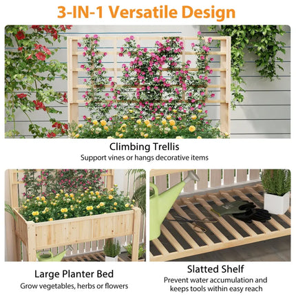 Raised Garden Bed with Trellis Wooden Elevated Planter Box with Legs-Natural - Natural - Raised Garden Beds