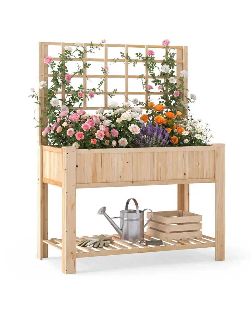 Raised Garden Bed with Trellis Wooden Elevated Planter Box with Legs-Natural - Natural - Raised Garden Beds