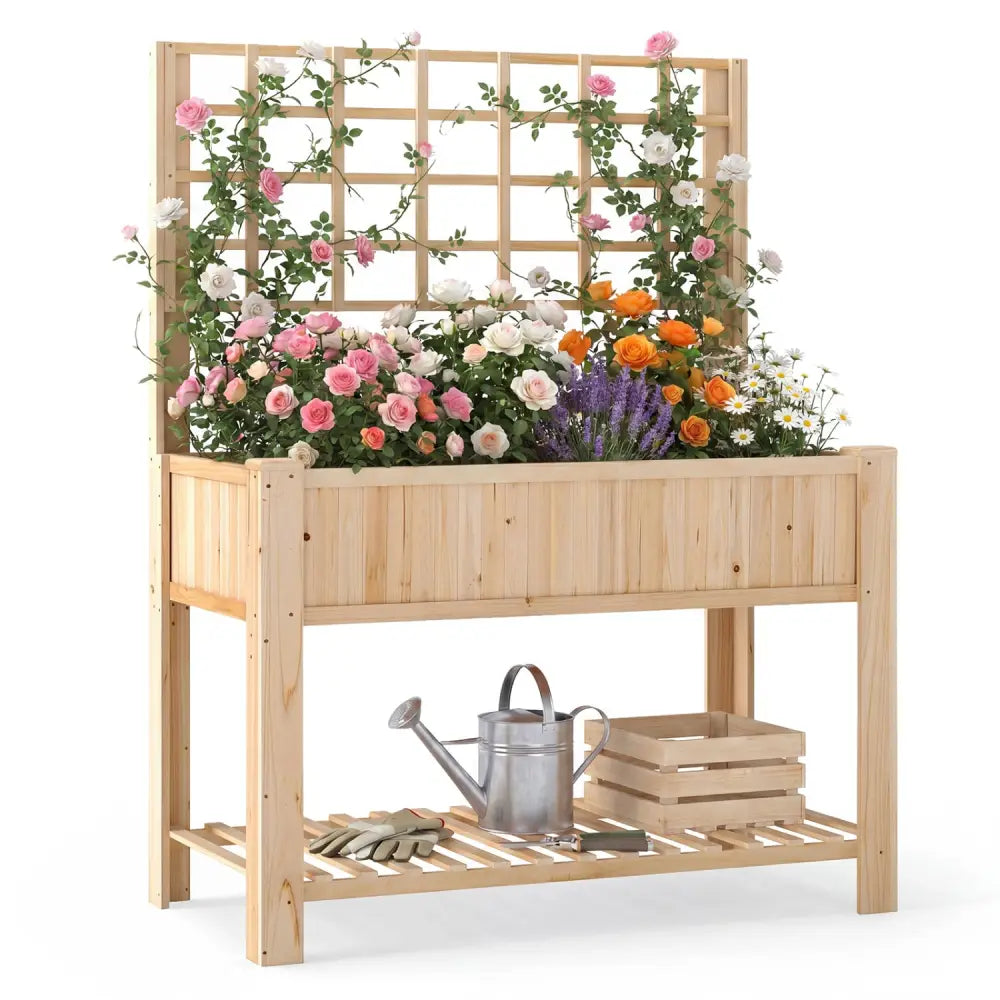 Raised Garden Bed with Trellis Wooden Elevated Planter Box with Legs-Natural - Natural - Raised Garden Beds