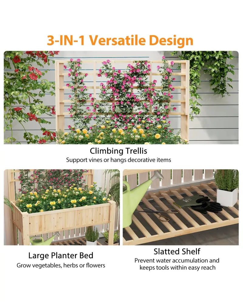 Raised Garden Bed with Trellis Wooden Elevated Planter Box with Legs-Natural - Natural - Raised Garden Beds