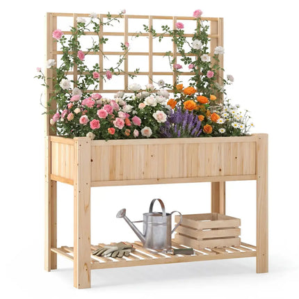 Raised Garden Bed with Trellis Wooden Elevated Planter Box with Legs-Natural - Natural - Raised Garden Beds