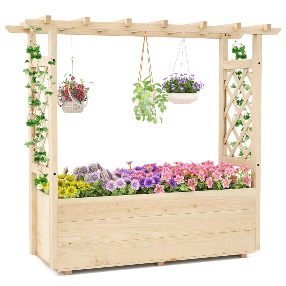 Raised Garden Bed Wooden Elevated Planter Box with Hanging Roof-L - Natural - Raised Garden Beds