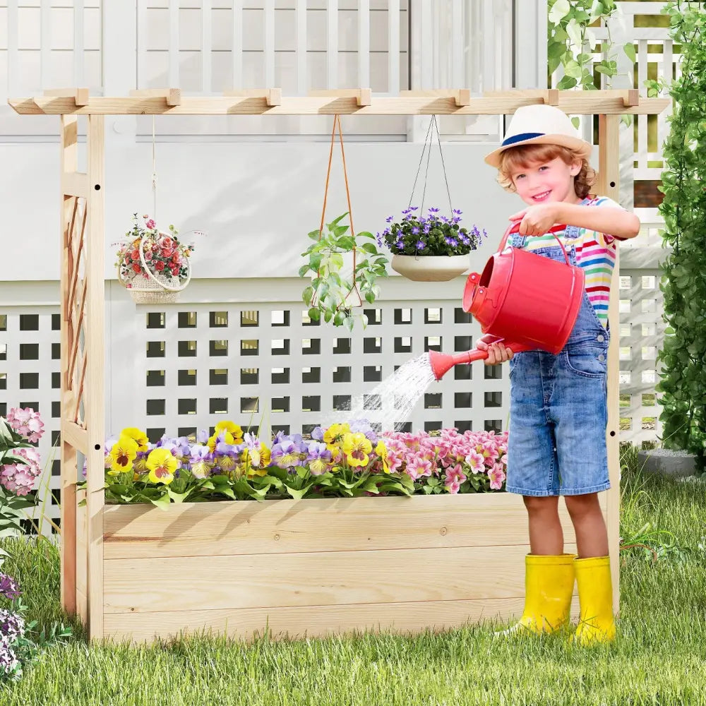 Raised Garden Bed Wooden Elevated Planter Box with Hanging Roof-L - Natural - Raised Garden Beds