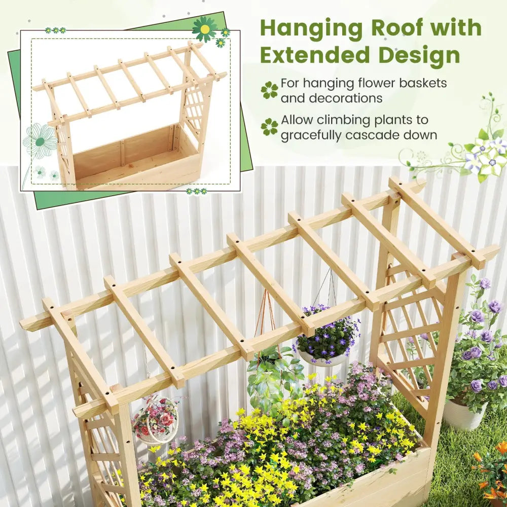 Raised Garden Bed Wooden Elevated Planter Box with Hanging Roof-L - Natural - Raised Garden Beds