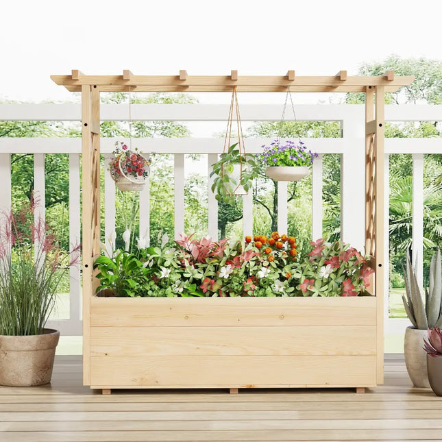 Raised Garden Bed Wooden Elevated Planter Box with Hanging Roof-L - Natural - Raised Garden Beds