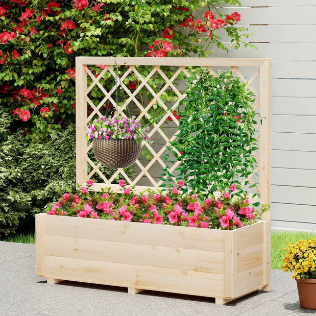 Raised Garden Bed Wooden Elevated Planter Box with Lattice Trellis-L - Natural - Raised Garden Beds