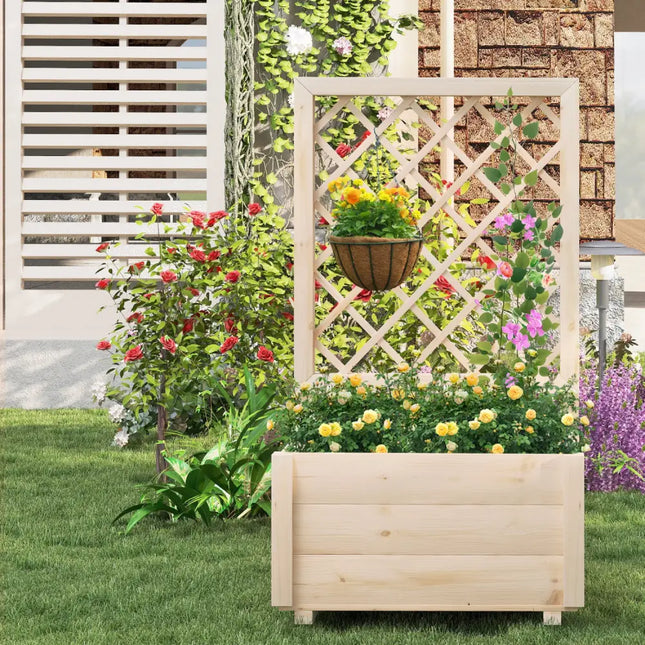 Raised Garden Bed Wooden Elevated Planter Box with Lattice Trellis-S - Natural - Raised Garden Beds