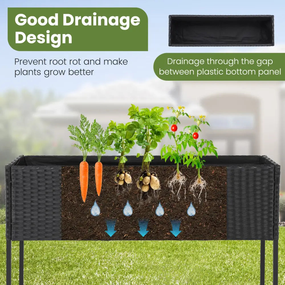 Raised Wicker Garden Bed with Storage Shelf and Removable Liner-Black - Raised Garden Beds