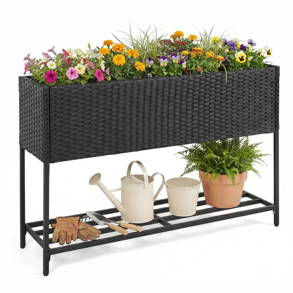 Raised Wicker Garden Bed with Storage Shelf and Removable Liner-Black - Raised Garden Beds