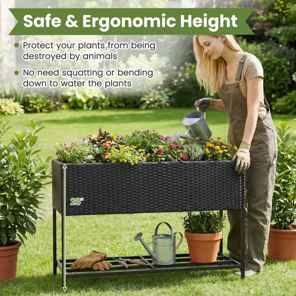 Raised Wicker Garden Bed with Storage Shelf and Removable Liner-Black - Raised Garden Beds